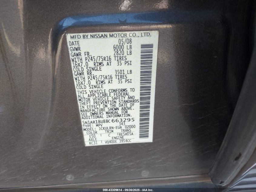 2008 Nissan Pathfinder S VIN: 5N1AR18U88C663295 Lot: 43309614