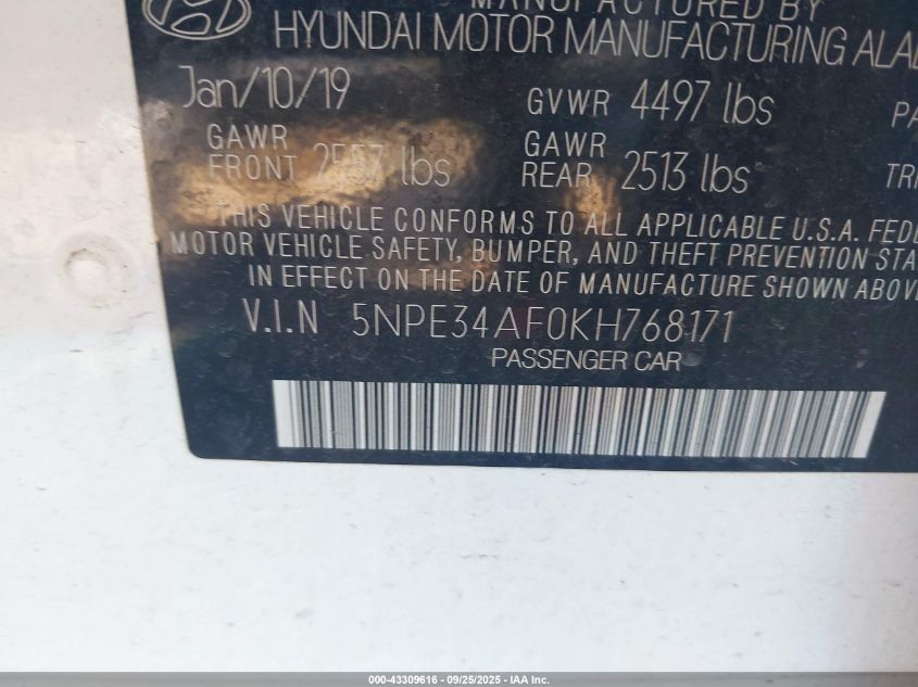 2019 HYUNDAI SONATA SEL - 5NPE34AF0KH768171