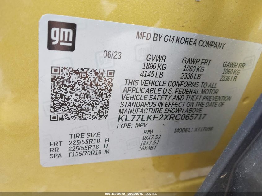 2024 Chevrolet Trax Fwd Activ VIN: KL77LKE2XRC065717 Lot: 43309622