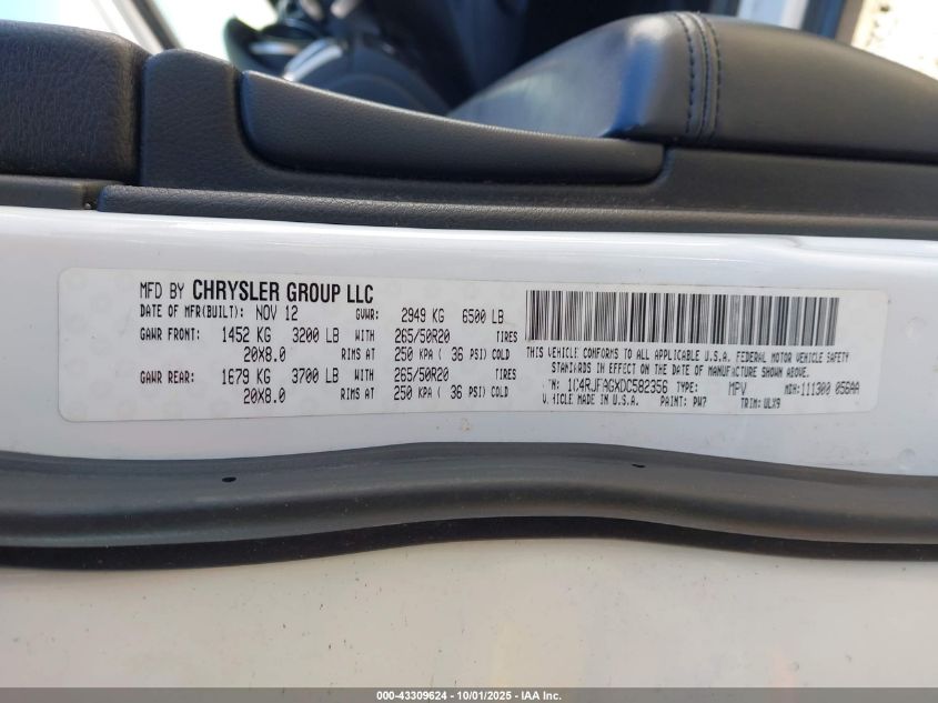 2013 Jeep Grand Cherokee Laredo VIN: 1C4RJFAGXDC582356 Lot: 43309624