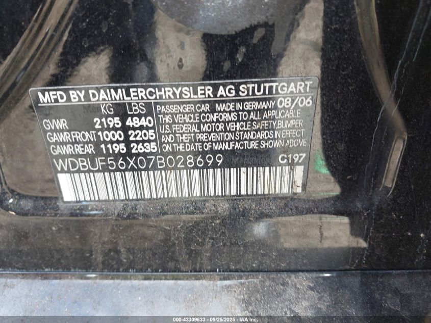 2007 Mercedes-Benz E 350 VIN: WDBUF56X07B028699 Lot: 43309633
