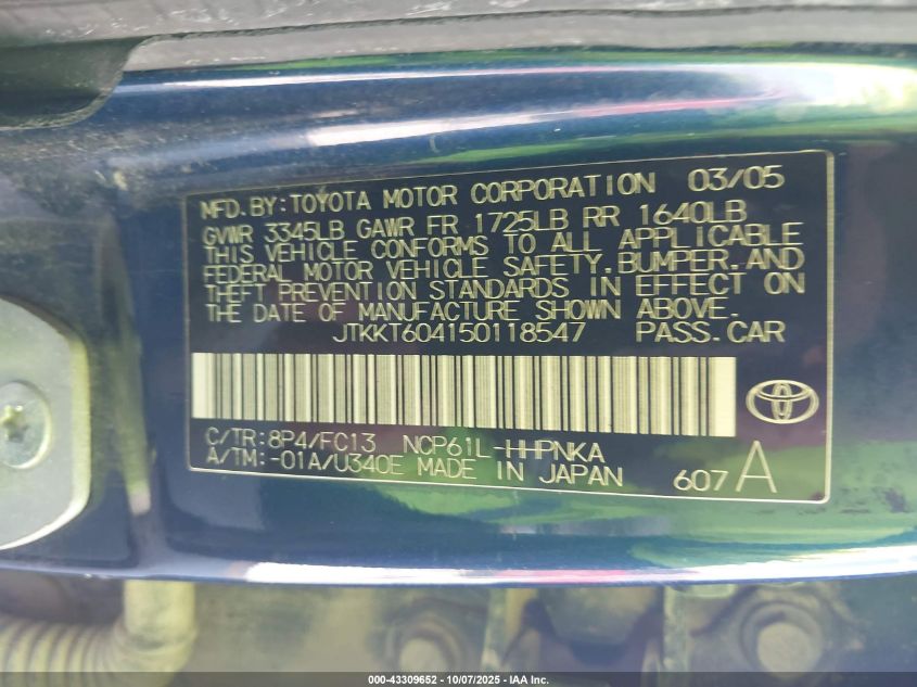 2005 Scion Xa VIN: JTKKT604150118547 Lot: 43309652