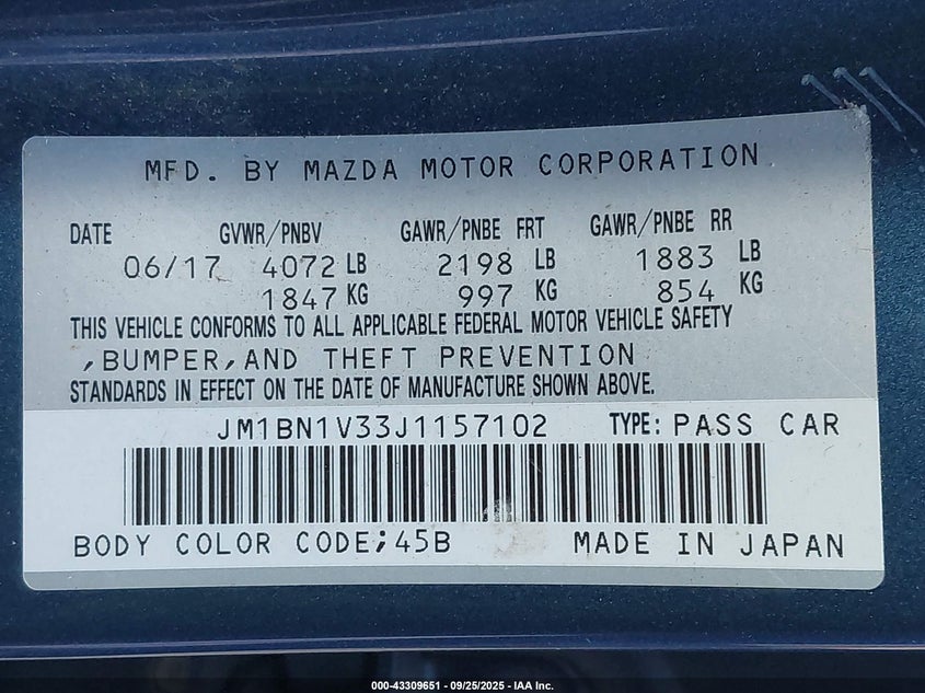 2018 Mazda 3 2.5 Azda3 Touring Blue Lot 111043309651 Vin JM1BN1V33J1157102