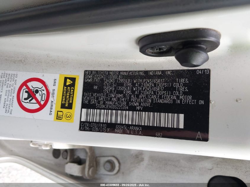 2013 Toyota Highlander Base V6 VIN: 5TDBK3EH0DS225394 Lot: 43309655