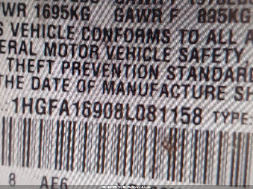 2008 Honda Civic Ex-L VIN: 1HGFA16908L081158 Lot: 43309678