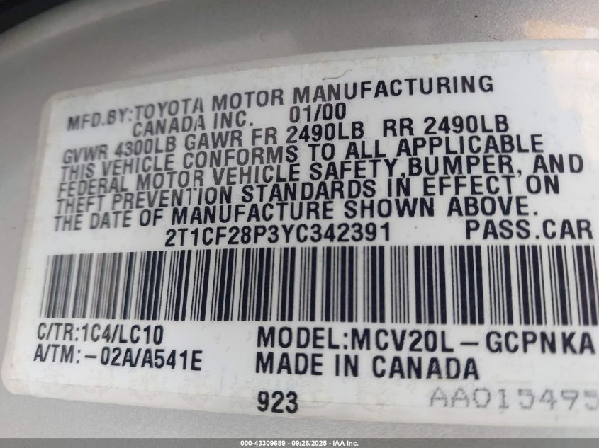 2000 Toyota Camry Solara Sle V6 VIN: 2T1CF28P3YC342391 Lot: 43309689