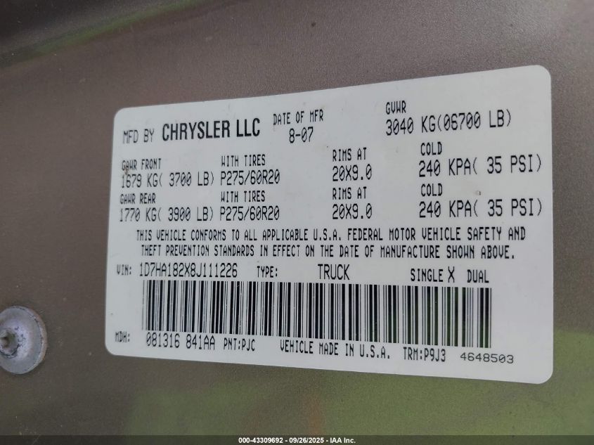 2008 Dodge Ram 1500 Slt VIN: 1D7HA182X8J111226 Lot: 43309692