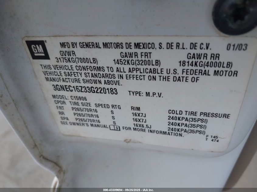 2003 Chevrolet Suburban 1500 Lt VIN: 3GNEC16Z33G220183 Lot: 43309694