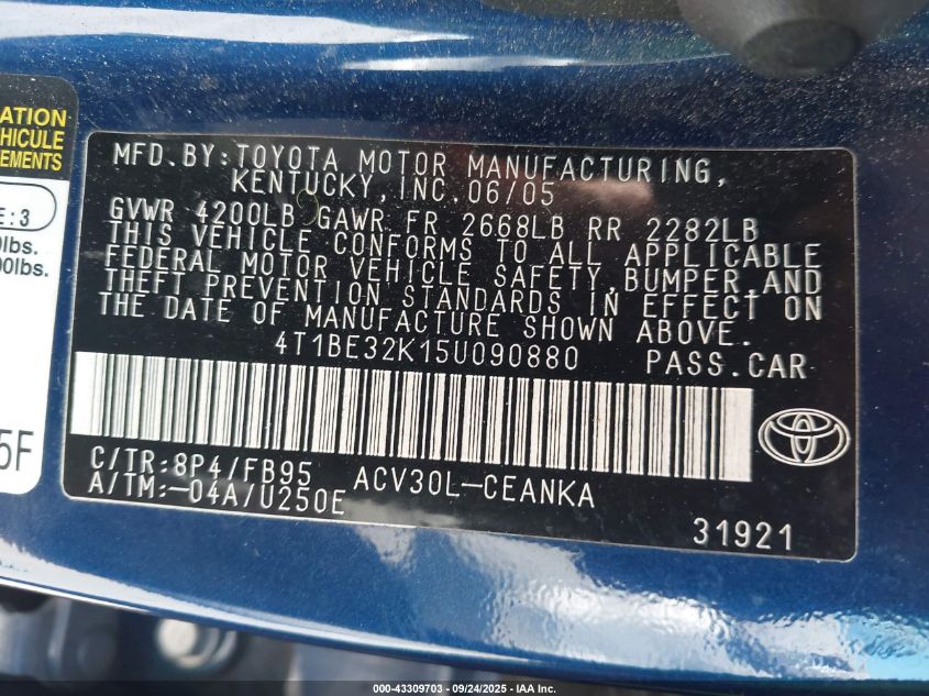 2005 Toyota Camry Le VIN: 4T1BE32K15U090880 Lot: 43309703