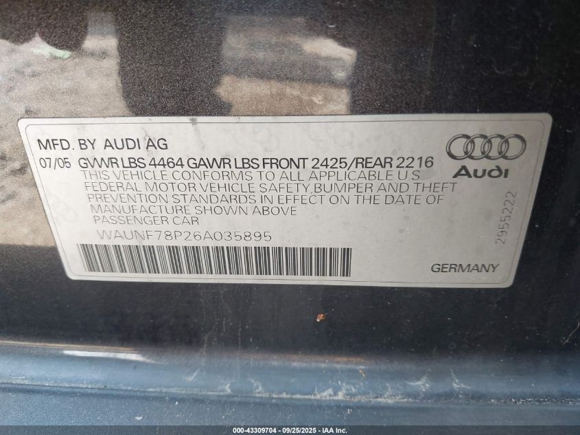 2006 Audi A3 2.0T VIN: WAUNF78P26A035895 Lot: 43309704