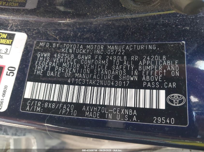2022 Toyota Camry Le Hybrid VIN: 4T1C31AK2NU043017 Lot: 43309706