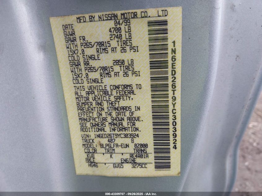 2000 Nissan Frontier Desert Runner Se-V6/Desert Runner Xe-V6 VIN: 1N6ED26T9YC303924 Lot: 43309707