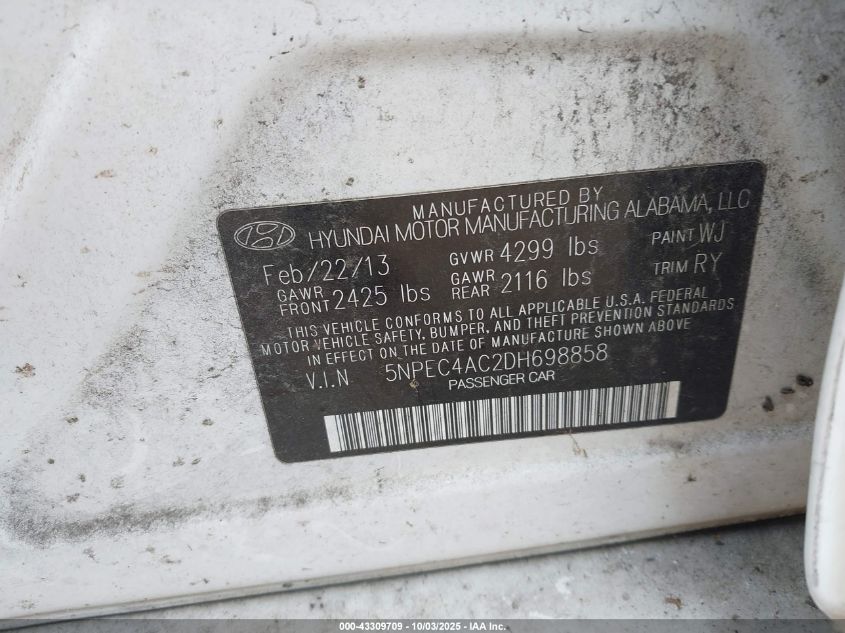 2013 Hyundai Sonata Se VIN: 5NPEC4AC2DH698858 Lot: 43309709