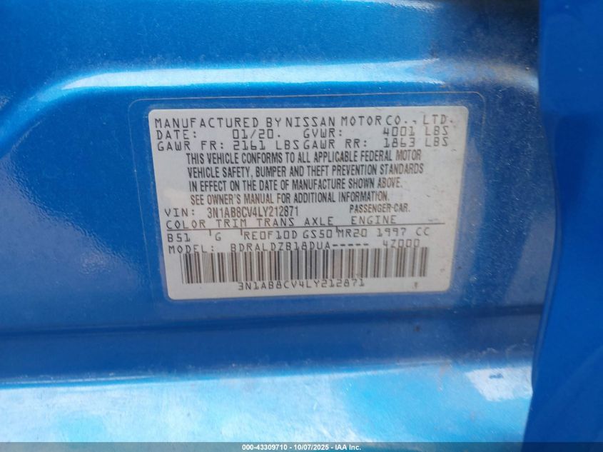 2020 Nissan Sentra Sv Xtronic Cvt VIN: 3N1AB8CV4LY212871 Lot: 43309710