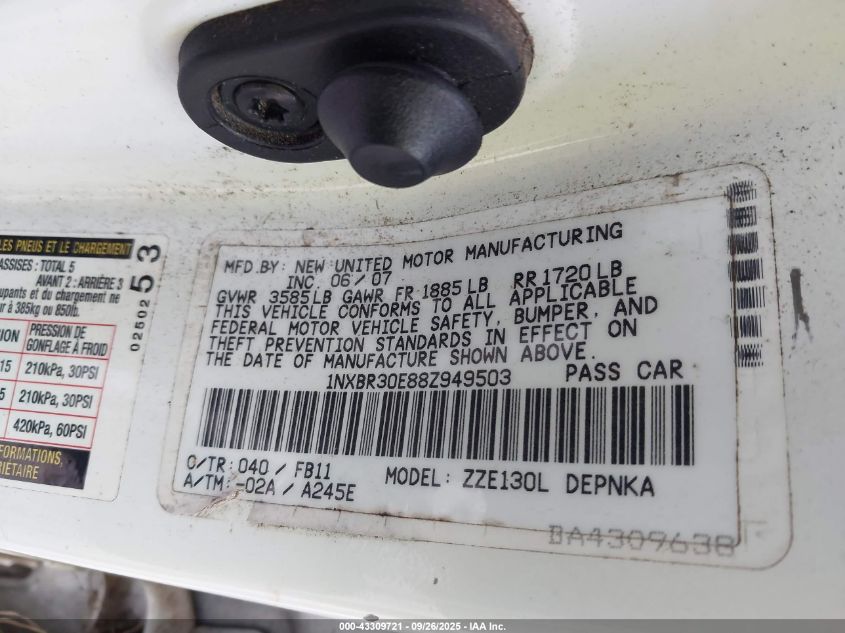 2008 Toyota Corolla Le VIN: 1NXBR30E88Z949503 Lot: 43309721