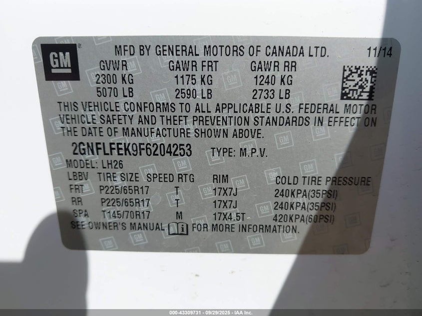 2015 CHEVROLET EQUINOX 1LT - 2GNFLFEK9F6204253