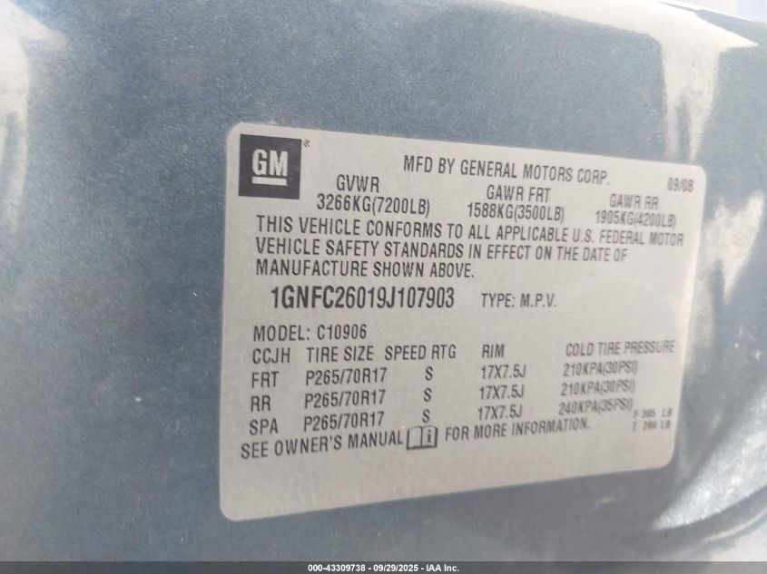 2009 Chevrolet Suburban 1500 Lt1 VIN: 1GNFC26019J107903 Lot: 43309738