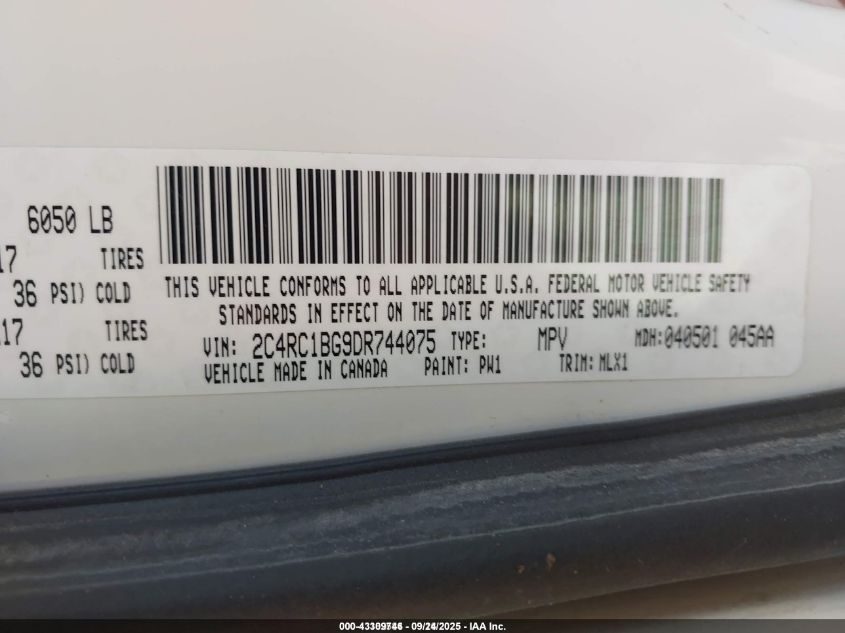 2013 Chrysler Town & Country Touring VIN: 2C4RC1BG9DR744075 Lot: 43309746