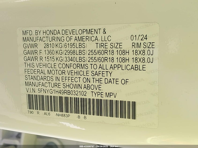 2024 Honda Pilot Ex-L VIN: 5FNYG1H49RB032102 Lot: 43309767