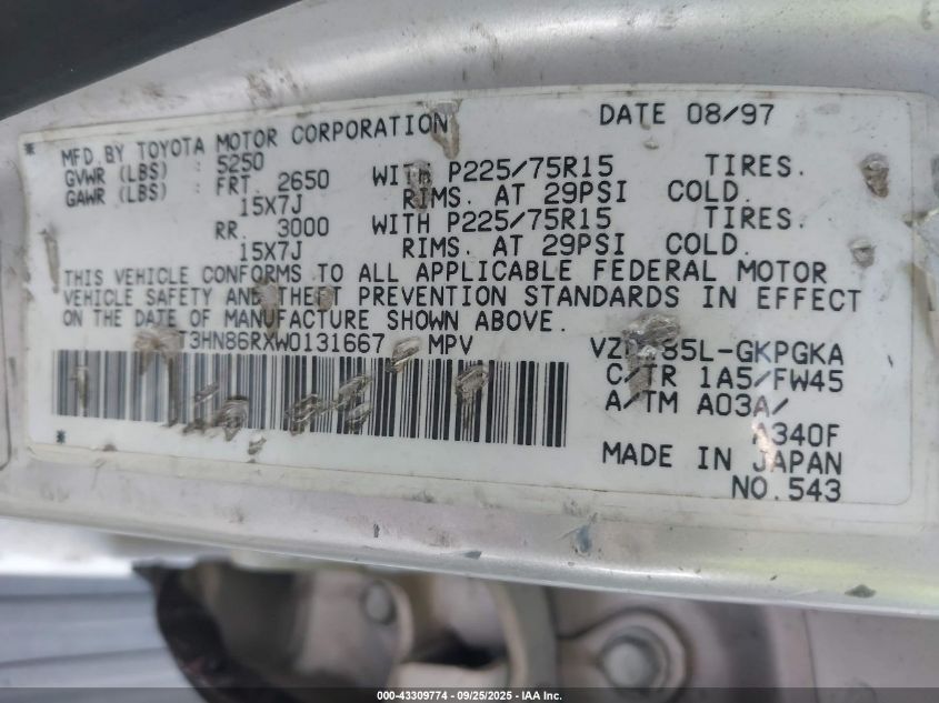 1998 Toyota 4Runner Sr5 V6 VIN: JT3HN86RXW0131667 Lot: 43309774