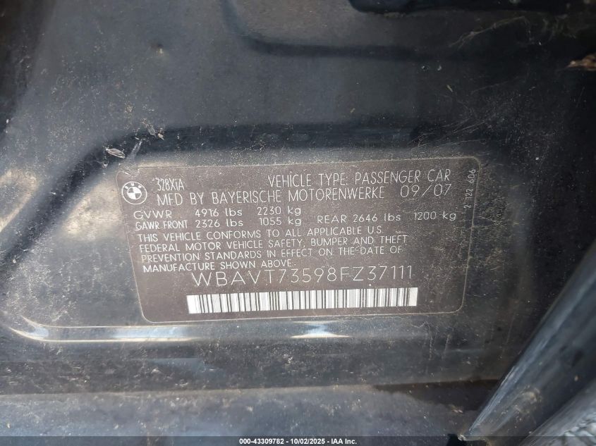 2008 BMW 328Xi VIN: WBAVT73598FZ37111 Lot: 43309782