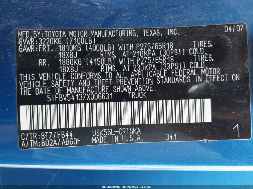 2007 Toyota Tundra Sr5 5.7L V8 VIN: 5TFBV54137X006631 Lot: 43309787