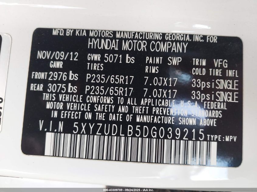 2013 Hyundai Santa Fe Sport VIN: 5XYZUDLB5DG039215 Lot: 43309789