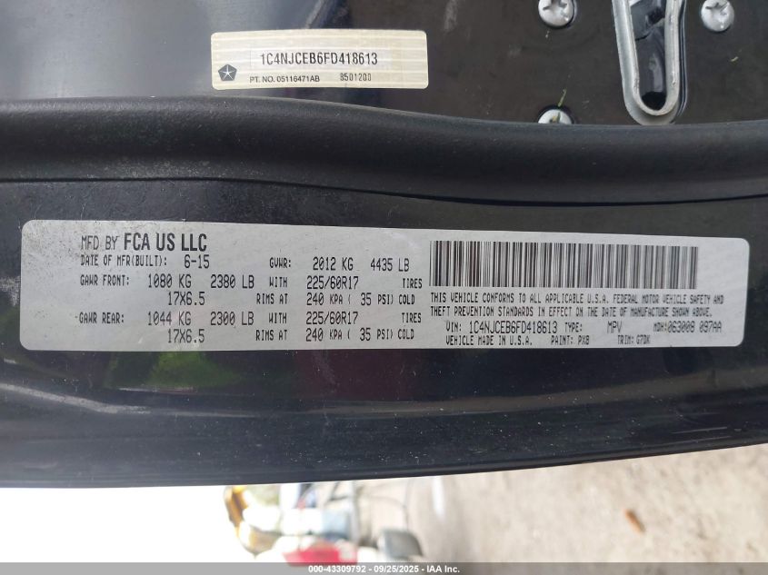 2015 Jeep Compass Latitude VIN: 1C4NJCEB6FD418613 Lot: 43309792