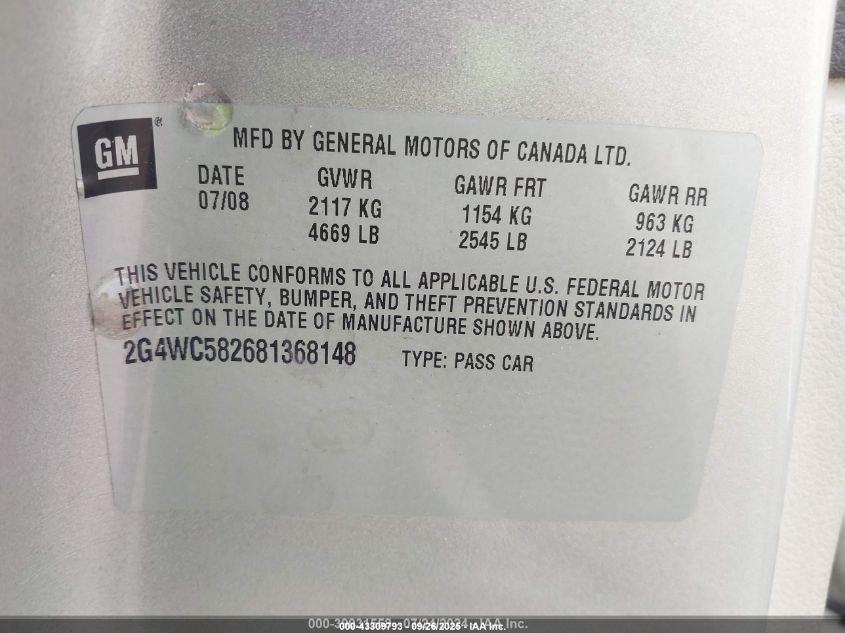 2008 Buick Lacrosse Cx VIN: 2G4WC582681368148 Lot: 43309793