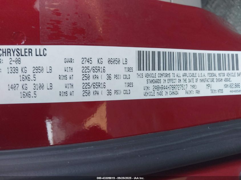 2008 Chrysler Town & Country Lx VIN: 2A8HR44H78R727517 Lot: 43309819