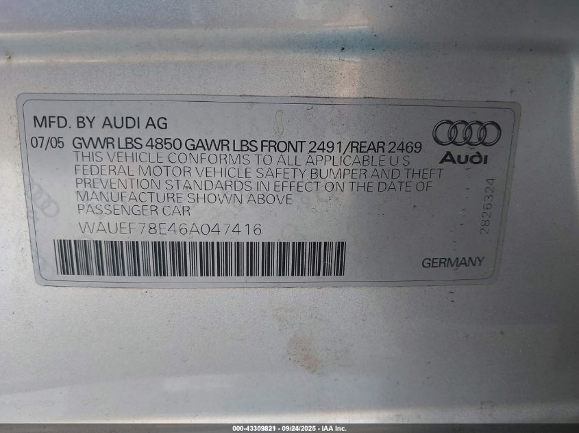 2006 Audi A4 2.0T VIN: WAUEF78E46A047416 Lot: 43309821