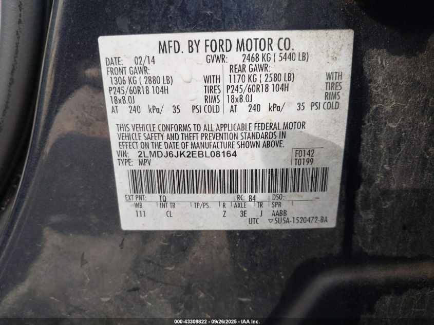 2014 Lincoln Mkx VIN: 2LMDJ6JK2EBL08164 Lot: 43309822