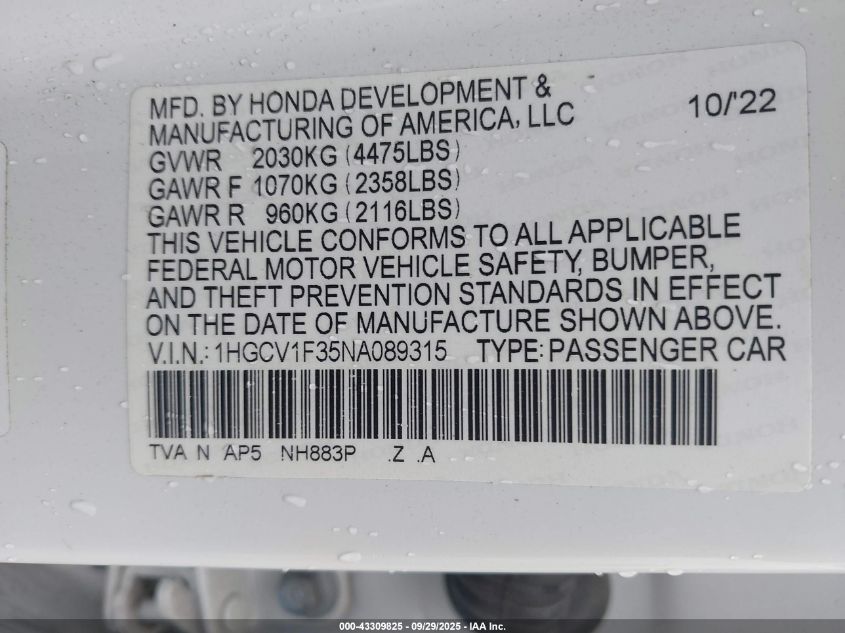 2022 Honda Accord Sport VIN: 1HGCV1F35NA089315 Lot: 43309825