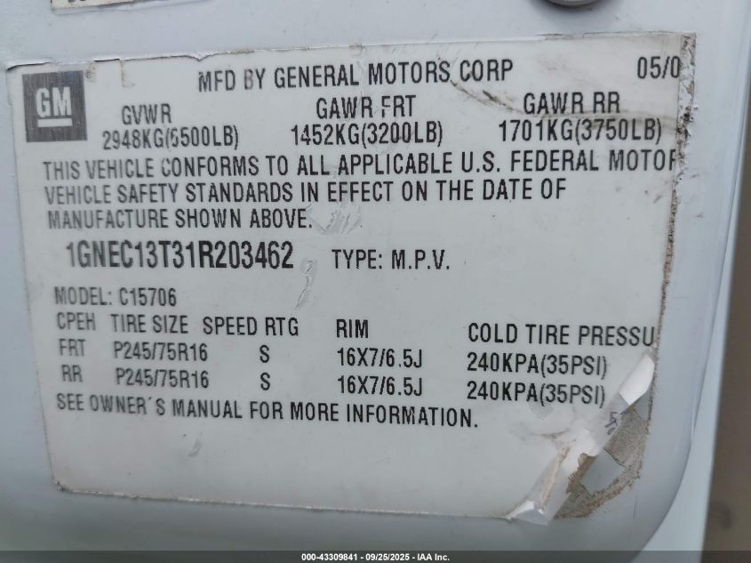 2001 Chevrolet Tahoe Ls VIN: 1GNEC13T31R203462 Lot: 43309841