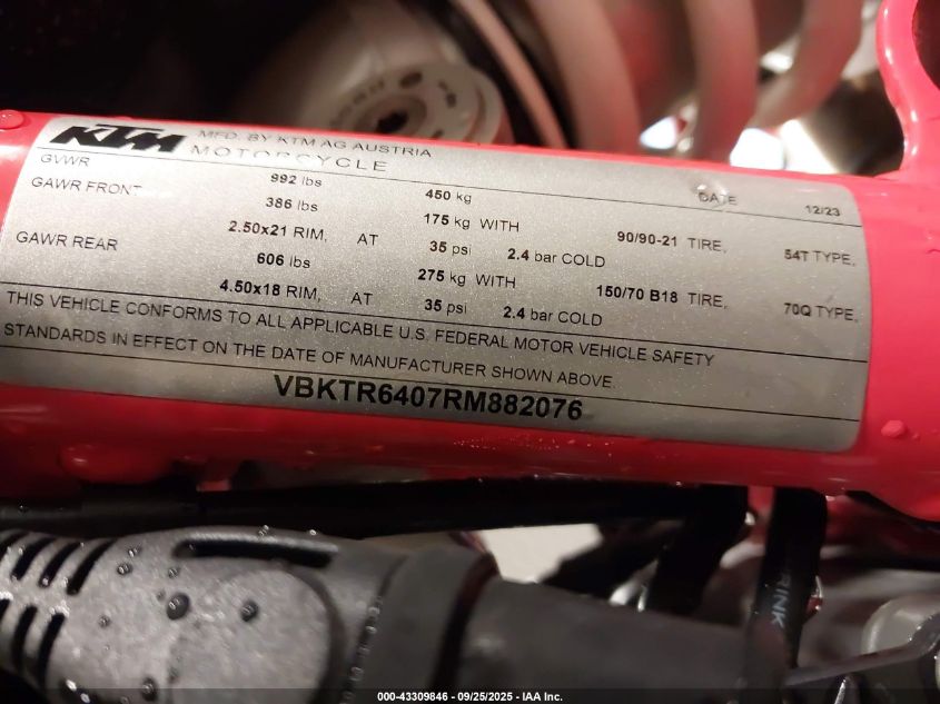 2024 Ktm 890 Adventure R VIN: VBKTR6407RM882076 Lot: 43309846