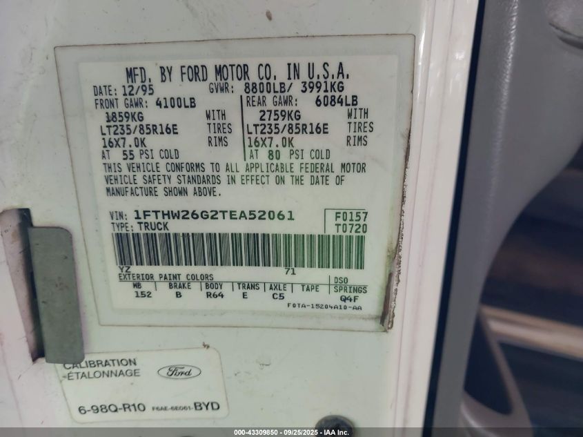 1996 Ford F250 VIN: 1FTHW26G2TEA52061 Lot: 43309850