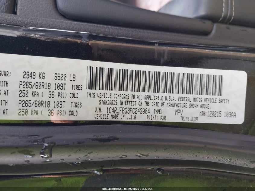 2015 Jeep Grand Cherokee Limited VIN: 1C4RJFBG3FC243004 Lot: 43309855