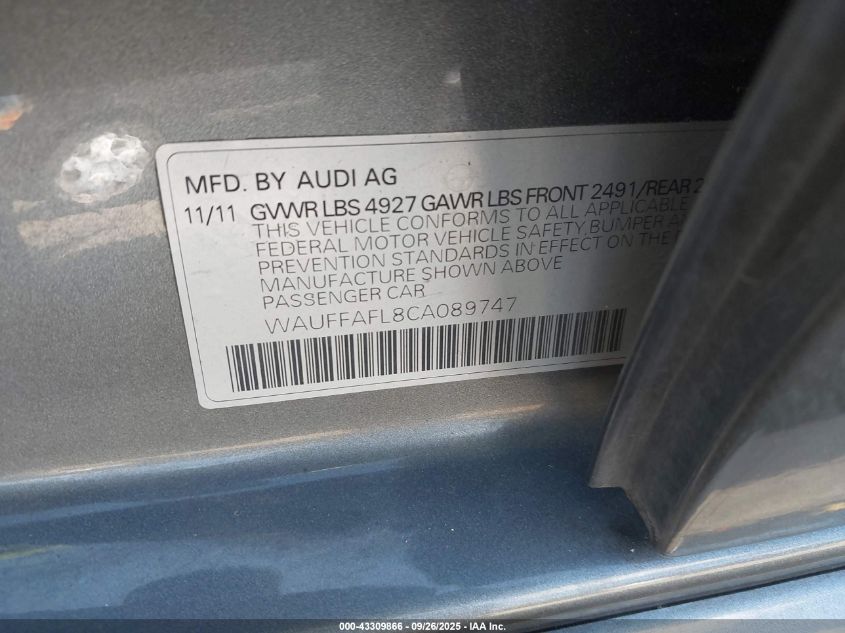 2012 Audi A4 2.0T Premium VIN: WAUFFAFL8CA089747 Lot: 43309866