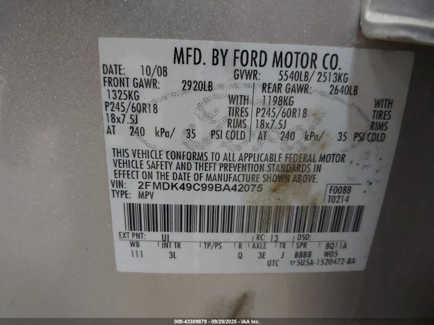 2009 Ford Edge Limited VIN: 2FMDK49C998A42075 Lot: 43309879