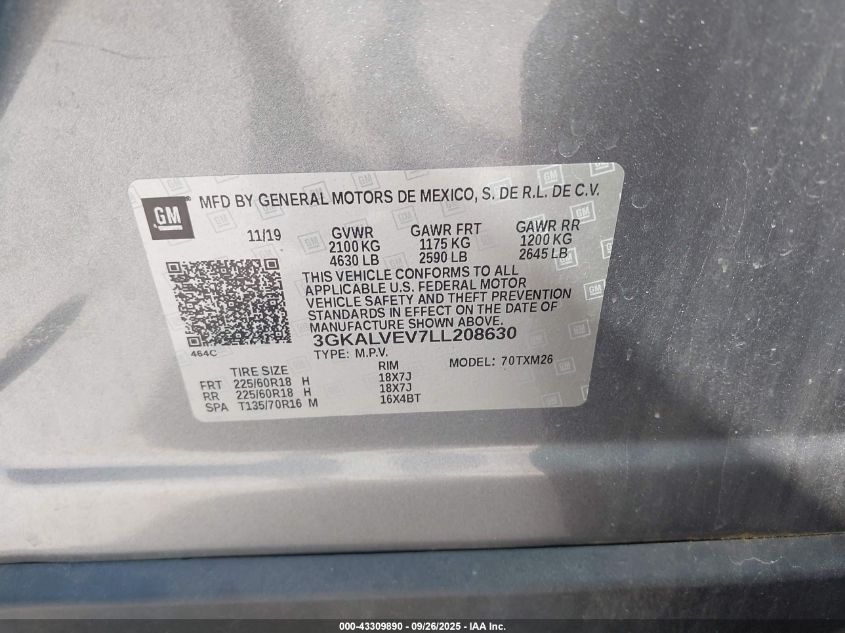 2020 GMC Terrain Awd Slt VIN: 3GKALVEV7LL208630 Lot: 43309890