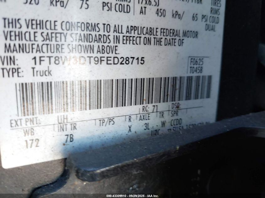 2015 Ford F-350 Lariat VIN: 1FT8W3DT9FED28715 Lot: 43309910