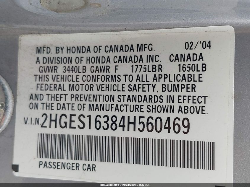 2004 Honda Civic Vp VIN: 2HGES16384H560469 Lot: 43309913