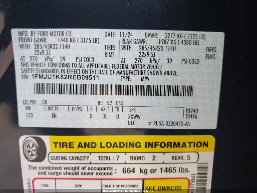 2024 Ford Expedition Limited VIN: 1FMJU1K82REB09511 Lot: 43309914