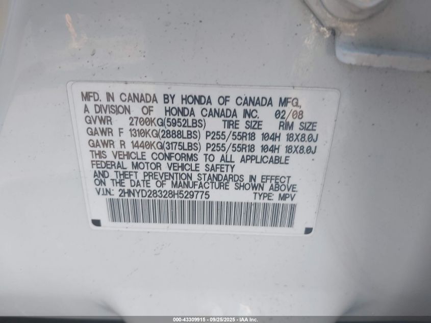 2008 Acura Mdx Technology Package VIN: 2HNYD28328H529775 Lot: 43309915