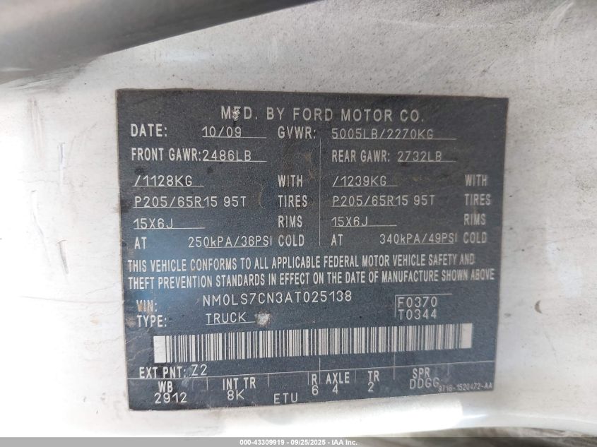 2010 Ford Transit Connect Xl VIN: NM0LS7CN3AT025138 Lot: 43309919