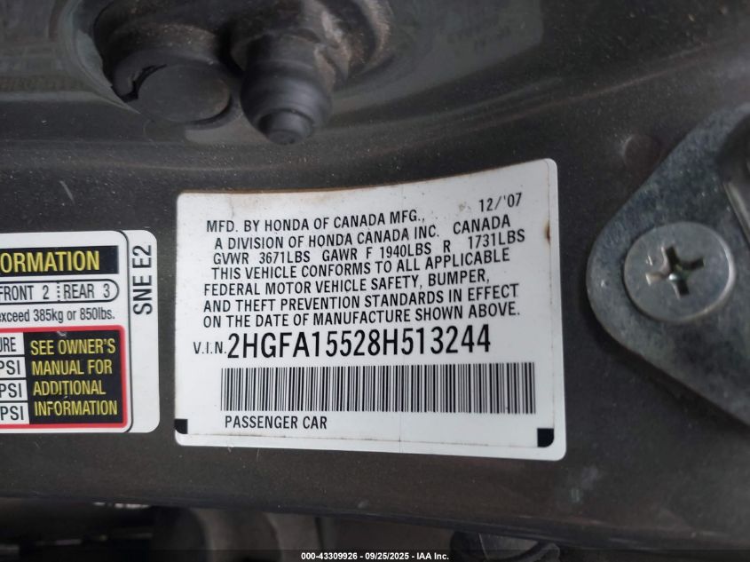 2008 Honda Civic Lx VIN: 2HGFA15528H513244 Lot: 43309926