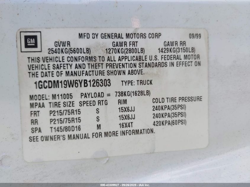 2000 Chevrolet Astro VIN: 1GCDM19W6YB126303 Lot: 43309927