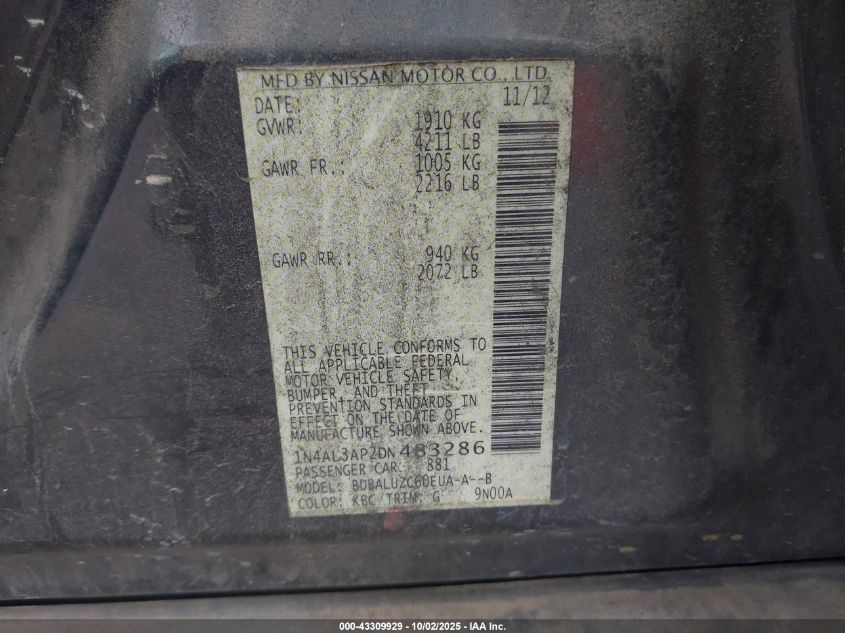 2013 Nissan Altima 2.5 Sv VIN: 1N4AL3AP2DN483286 Lot: 43309929