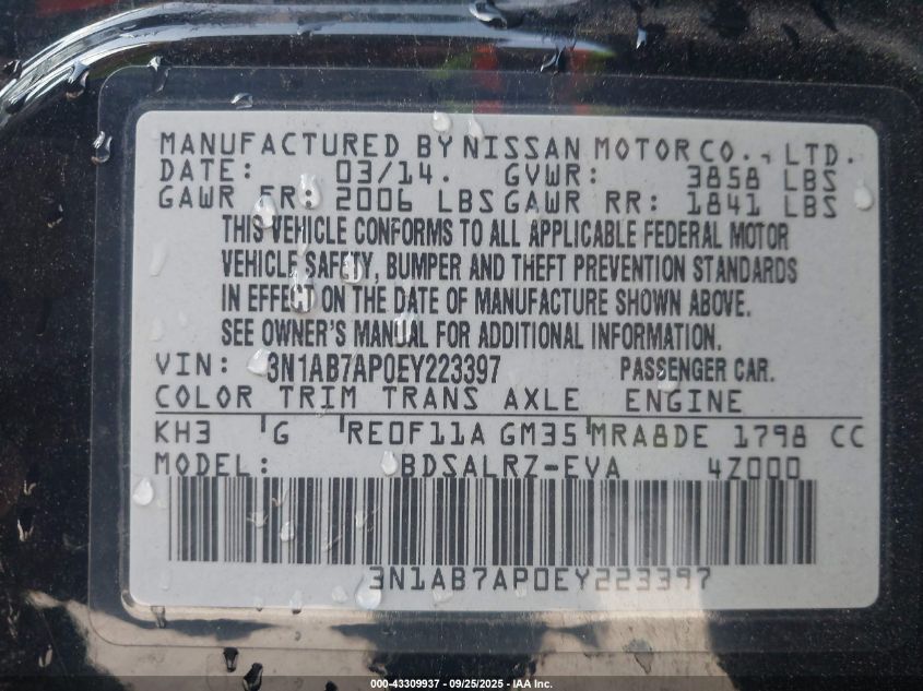 2014 Nissan Sentra Sr VIN: 3N1AB7AP0EY223397 Lot: 43309937