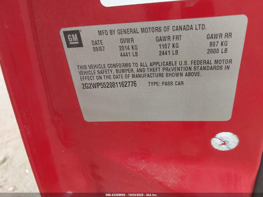 2008 Pontiac Grand Prix VIN: 2G2WP552081162776 Lot: 43309950